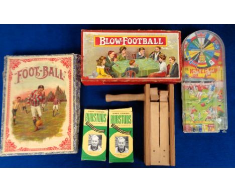 Football Games etc., inc. early Spanish boxed pinball style, wooden rattle, vintage Blow Football game, two boxes of Billy Wr