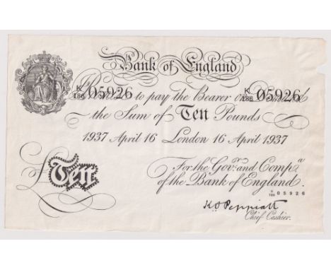 Bank Note, Bank of England white Ten Pound note dated 16th April 1937, K over 186 K.O. Peppiatt (vg)
