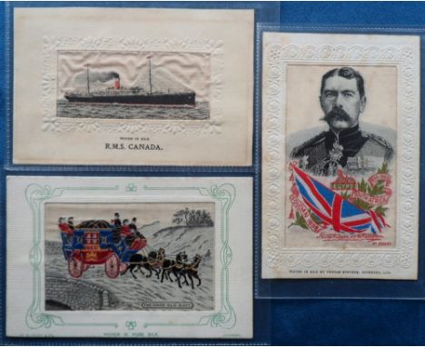 Postcards, Silks, 3 woven silks, inc. RMS Canada; Kitchener of Khartoum vertical coloured card showing battle honours, and pu