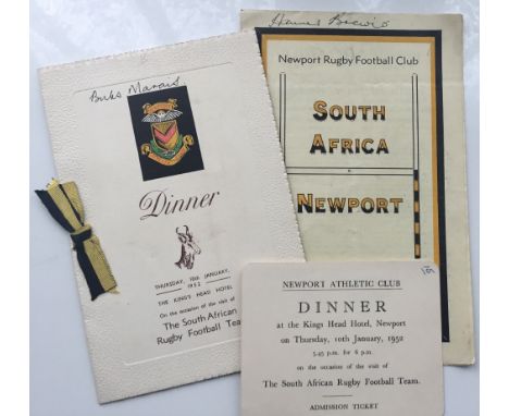 Rugby memorabilia / autographs, Newport v South Africa, 10 January, 1952 Official match programme (signed to cover by Hannes 