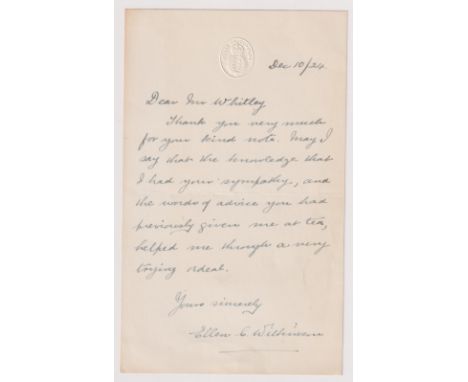 Autographs, Politics, to comprise 2 letters addressed to Mr Whitley (House of Commons Speaker), one from Violet Bonham Carter