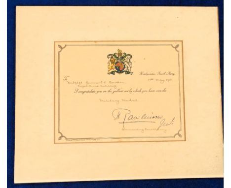 Militaria, WW1 Certificate for Military Medal awarded to Gunner P.S. Bowden, Royal Field Artillery by HQ 4th Army (Philip Syd