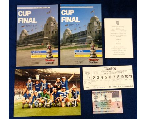 Football, Everton v Watford, FA Cup Final 1984, two match programmes, match ticket, access ticket & colour photo showing Ever