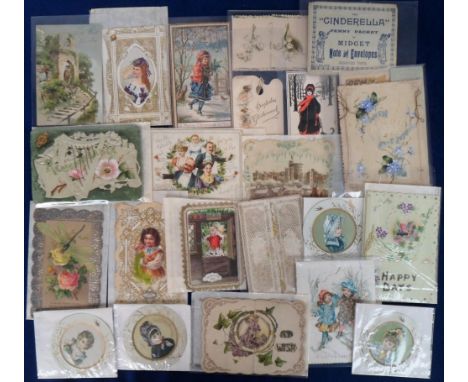 Ephemera, Victorian Greetings Cards, 50 cards to include mechanical (1), hold to light of Windsor Castle (1), celluloid, glit
