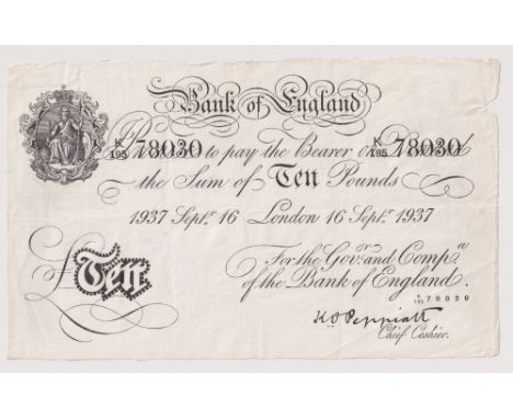 Bank Note, a K.O. Peppiatt white Ten pound note dated 16th Sept 1937, K over 195 78030
