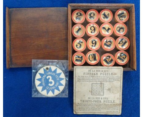 Ephemera, a Victorian De La Rue 'Fifteen Puzzle', complete, in original wooden box with paper instructions sold together with
