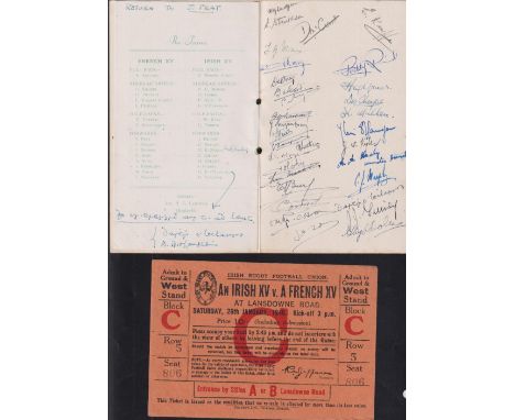 Rugby autographs, Ireland v France 1946, dinner menu, 26 January, 1946, fully signed by both teams together with large match 