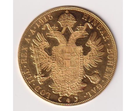 Gold, Austrian 4 Ducats gold coin dated 1915, weight 14g, complete with certificate of purchase (some light wear)
