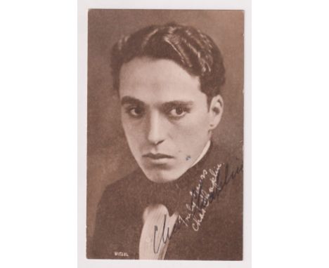 Autograph, Charlie Chaplin, a sepia portrait postcard signed in black ink (unused, gd) (1)
