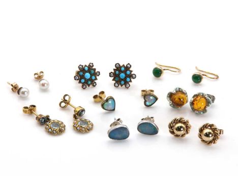 A collection of gold and silver earrings,to inlcude a pair of gold turquoise and seed pearl stud earrings, one seed pearl def