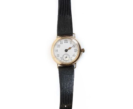 A Gentlemen's 9ct gold mechanical strap watch, 35mm diameter, a white enamel dial, hollow black Arabic numerals, blued skelet