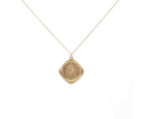 A 9ct gold St. Christopher pendant,a square cushion shaped pendant with circular centre panel depicting St Christopher, to a 