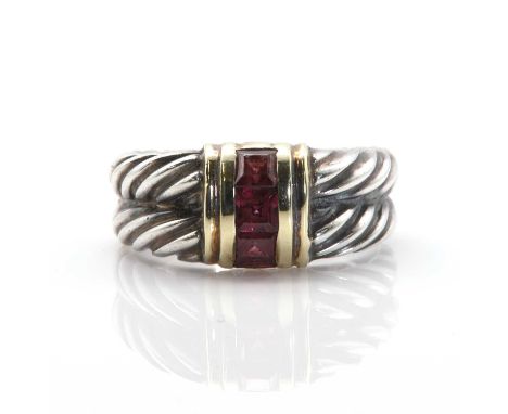 An American sterling silver and 14ct gold two row cable and pink tourmaline ring, by David Yurman,  with a row of three calib