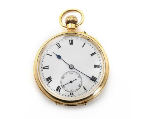 An 18ct gold open faced pocket watch, 50mm diameter, with white enamel dial, black Roman numerals, blue spade hands and subsi