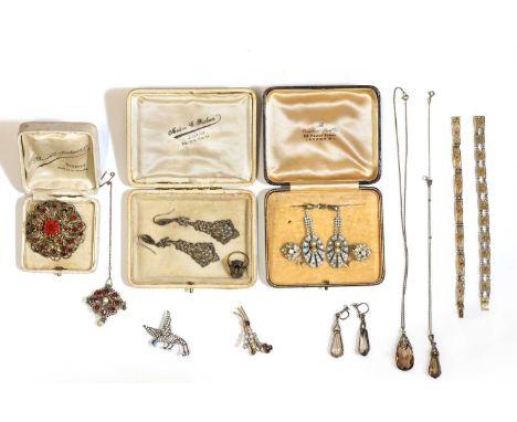 A collection of silver and costume jewellery,to include a pair of early 20th century Continental silver and marcasite drop ea