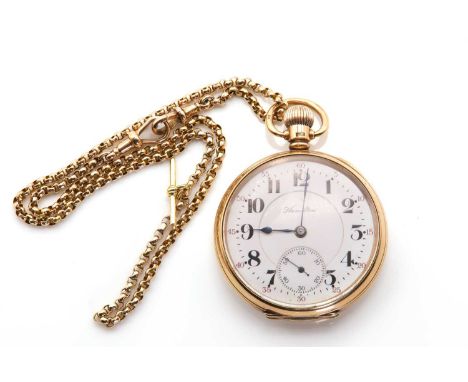 A 9ct gold Hamilton top wind open-faced pocket watch,49mm diameter, with a white enamel dial, black Arabic numerals, red Arab