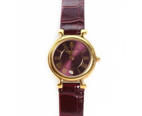 A ladies' gold plated Raymond Weil quartz strap watch, Ref. 9936-2, 24mm diameter, a burgundy enamel dial, gilt metal Roman n