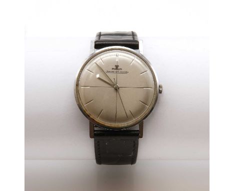 A gentlemen's stainless steel Jaeger LeCoultre mechanical strap watch, with a 33mm case. A silvere ddial with quarter divisio
