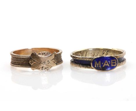 An early Victorian enamelled band ring, c.1840, with an applied oval head, with the initials M.A.B to a royal blue ground. Th