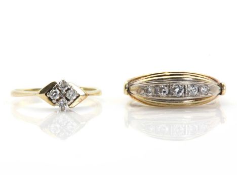 Two gold diamond set rings, to include a five stone diamond ring, with a row of graduated circular brilliant diamonds, bead s