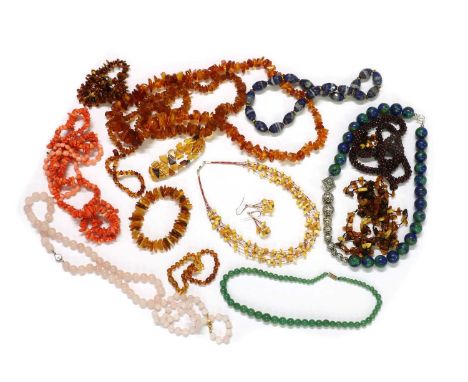 A quantity of bead necklaces and bracelets, to include a faceted lapis lazuli bead necklace, an azurmalachite and silver bead