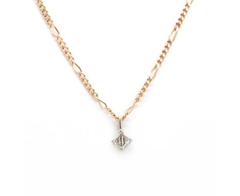 A single stone diamond pendant,with a square cut diamond, laser cut to the pavillion with chevron stripes, to a shallow white