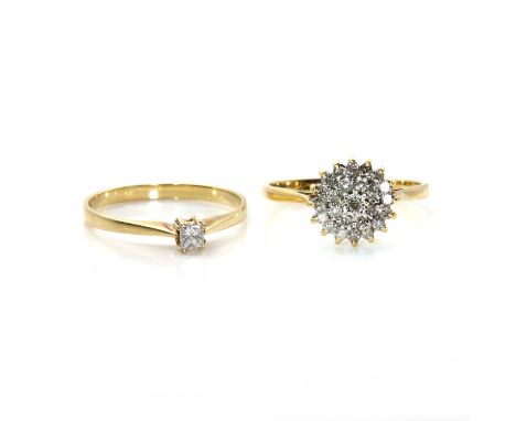 Two diamond rings,  comprising an 18ct gold diamond cluster ring, with a circular tiered cluster, claw set with eight cut dia