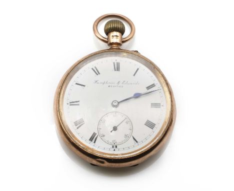 A 9ct gold top wind open faced pocket watch,49mm diameter, a white enamel dial inscribed 'Humphriss &amp; Edwards, Bedford', 