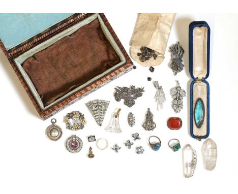 A jewellery box containing silver and costume jewellery, to include a silver marcasite floral brooch, a silver machine engrav