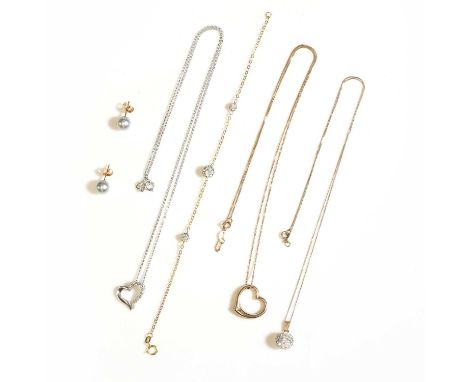 A small collection of gold jewellery, comprising a white gold diamond heart pendant, stamped WG750, suspended by a white gold