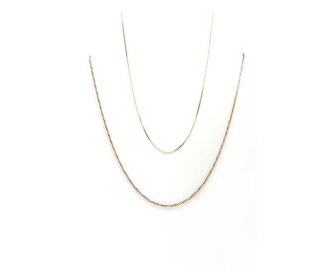 Two gold chains,comprising a gold twisted foxtail link chain, clasp deficient, 715mm long, marked 585, tested as approximatel