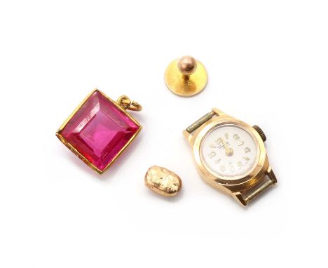 A small group of gold jewellery, to include a single gold dress stud, tested as approximately 9ct gold, 0.71g, a piece of mel