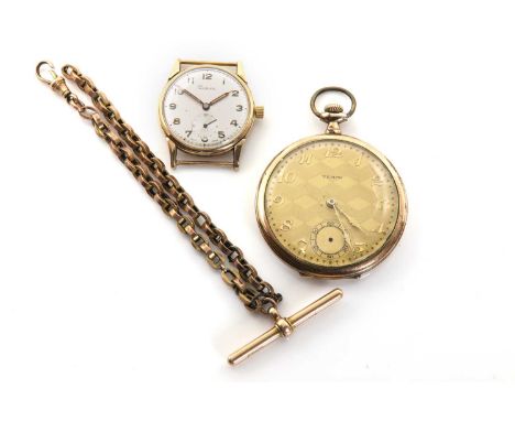 A 9ct gold Pioneer mechanical watch head, 30mm diameter, a silvered dial, Arabic numerals, subsidiary seconds dial, strap and