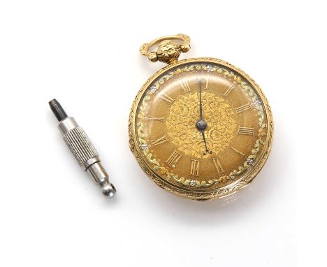 An 18ct gold key wind open faced fusee pocket watch, by William Harvey,42mm diameter, a gold textured and hand engraved dial,