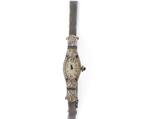 An Art Deco mechanical cocktail watch,with a tonneau case with a silver dial, discoloured, Arabic numerals and blued hands. T