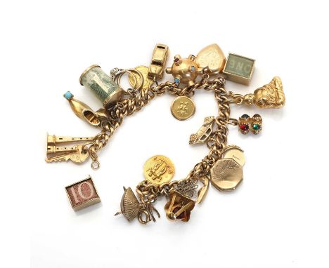 A gold charm bracelet,a hollow curb link bracelet, 6mm wide, 200mm long, to a bolt ring clasp, tested as approximately 9ct go