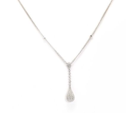 An 18ct white gold diamond set pear shaped necklace, with a small pear shaped centrepiece, micro pavé set with brilliant cut 