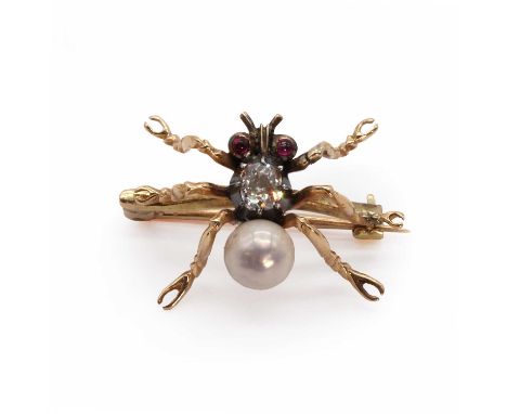 A diamond, pearl and ruby spider brooch,a detachable spider with an old mine diamond set thorax, button-shaped pearl abdomen 