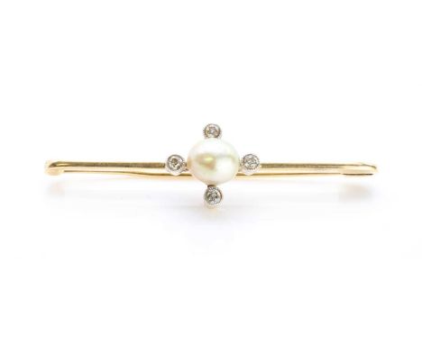 An Edwardian pearl and diamond bar brooch with a semi baroque pearl,  cup and peg set to a fluted cap. An old European cut di