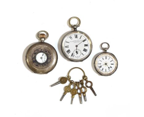 Two silver pocket watches, comprising a silver key wind open faced pocket watch, 48mm diameter, a white enamel dial marked 'L