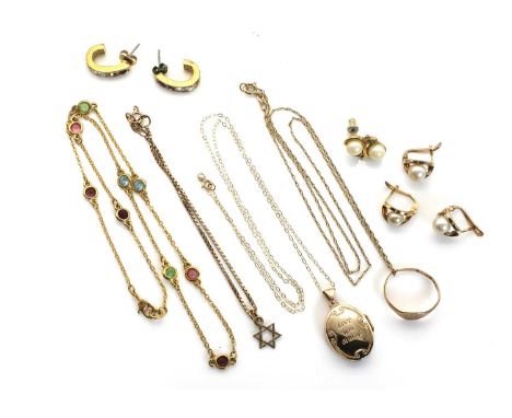 A collection of gold jewellery,to include a 9ct gold signet ring, Chester 1939, suspended by a fine barleycorn link chain, 47