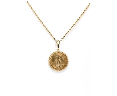 A gold twenty dollar 'St Gaudens' pendant,a gold twenty dollar coin, dated 1908, designed by Augustus Saint-Gaudens, spectacl