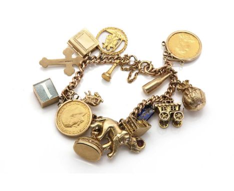 A gold charm bracelet,a gold curb link bracelet, to bolt ring and safety chain, suspending a Victoria full sovereign coin, da