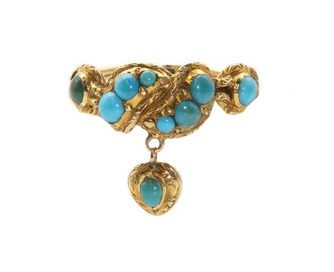 A Victorian gold and turquoise serpent knot ring,  the centre knot bead set with graduated round cabochon turquoise, suspendi