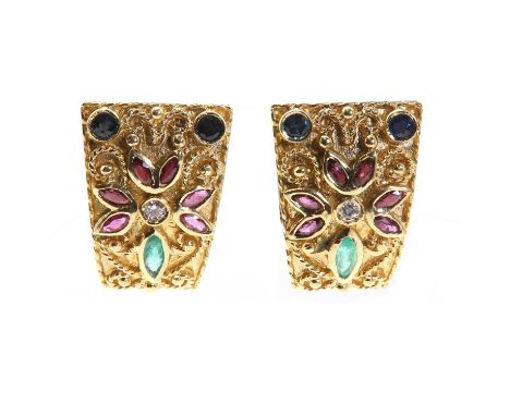 A pair of diamond, ruby, sapphire and emerald, keystone shaped stud earrings, with a central brilliant cut diamond rub set to