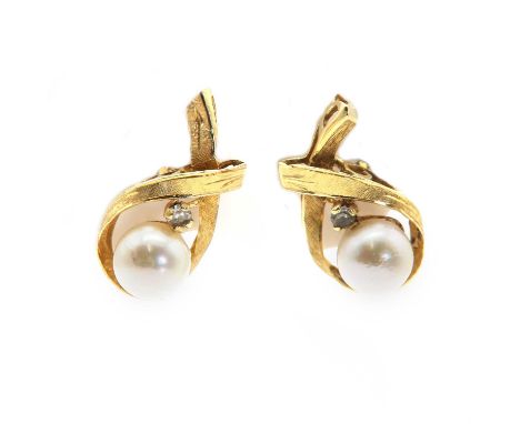 A pair of Portuguese single stone cultured pearl earrings,  with a crossover frame. Florentine decoration with a synthetic sp