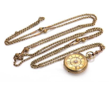 A gold top wind open faced fob watch,31mm diameter, a gold colour guilloché enamel dial, with floral decoration to the centre