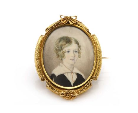 A Victorian painted portrait miniature, oval watercolour on ivory, depicting a young boy with blonde hair wearing a white shi