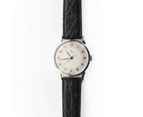 A stainless steel Omega mechanical strap watch, c.1950,a circular case, 34mm diameter, a silver dial with outer ring textured