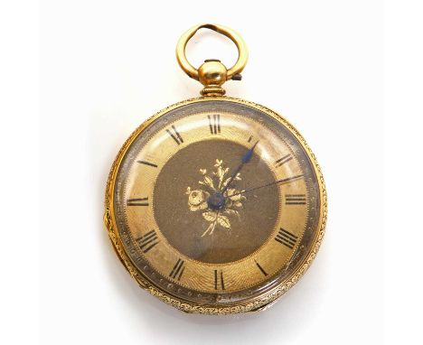 A Continental gold open faced key wind pocket watch, by C. Loup,36mm diameter, a machine and hand engraved gilt dial, black R